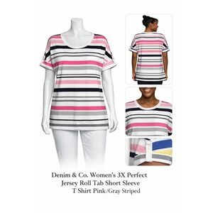 Denim & Co Womens 3X Perfect Jersey Roll Tab Short Sleeve T Shirt Pink Striped